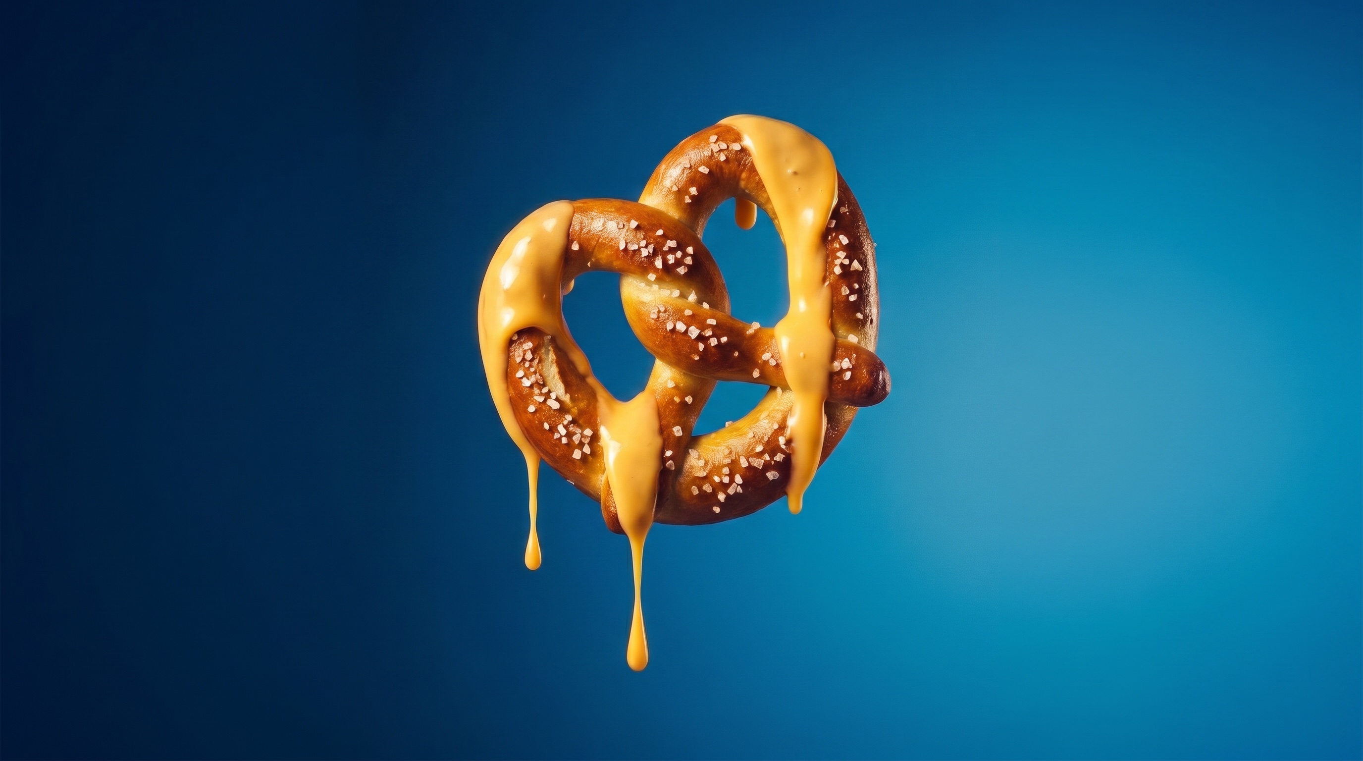 A salt-flecked soft pretzel dripping with melted cheese, floating on a deep blue field
